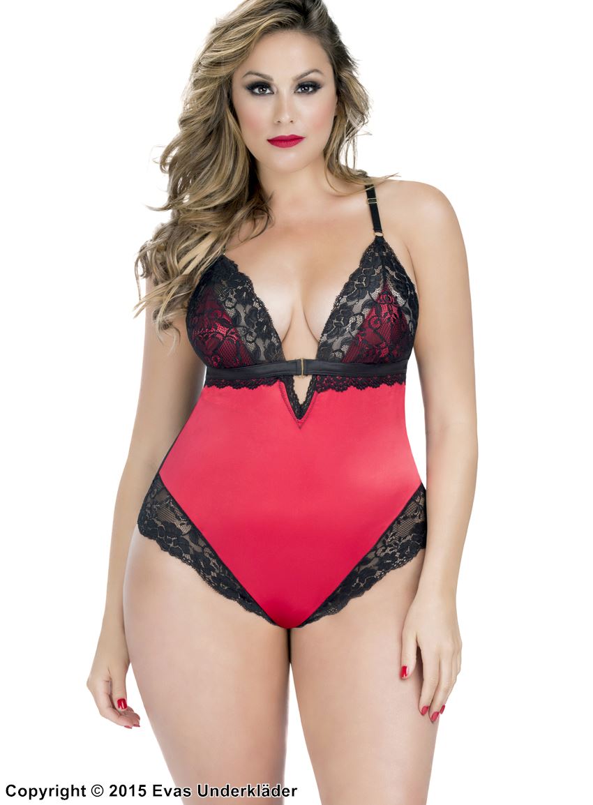 Satin teddy with lace details, plus size